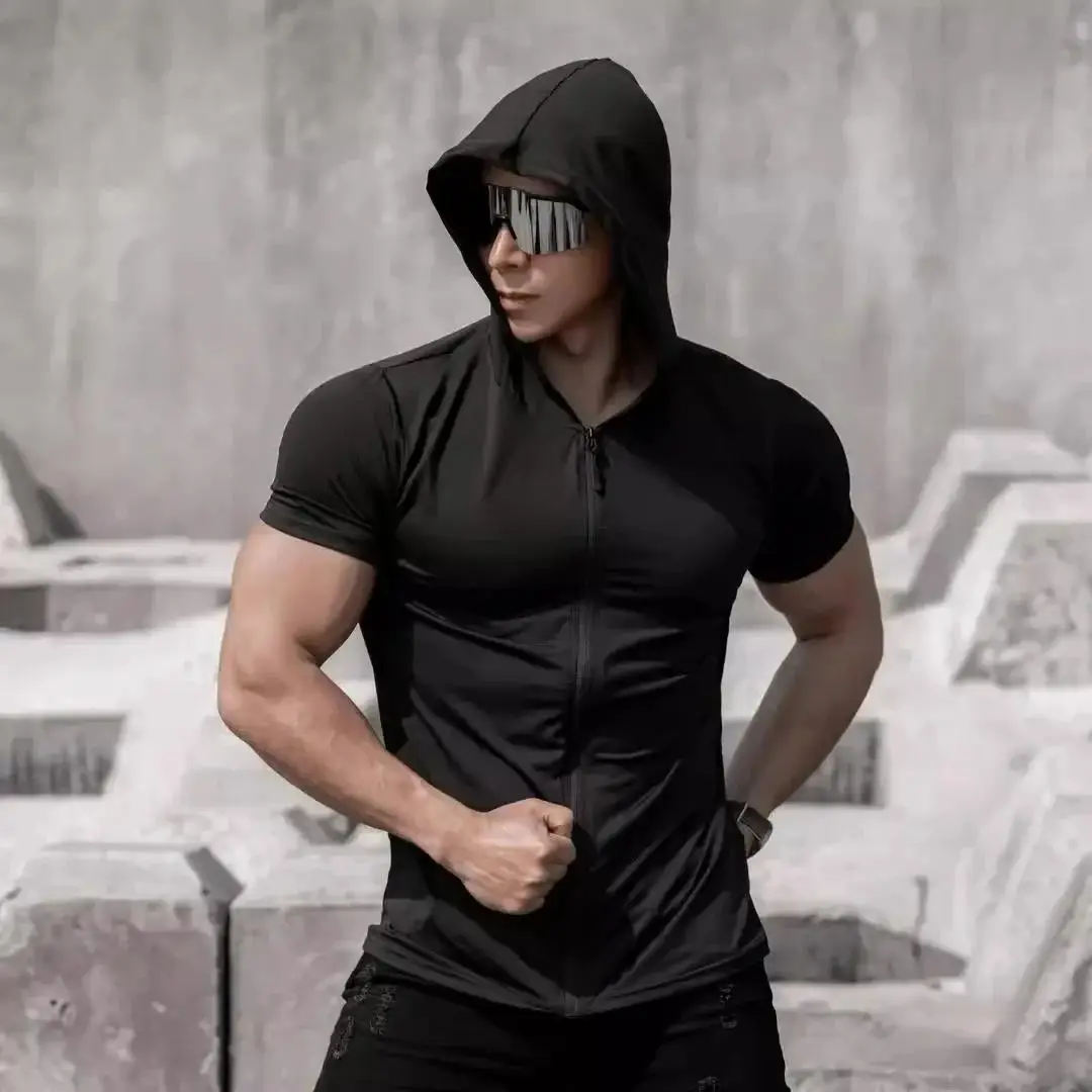 Men's Fitness Running Short Sleeve T-Shirt Spring Summer New Style Quick Dry High Elasticity Zipper Hooded Slimming Sportswear