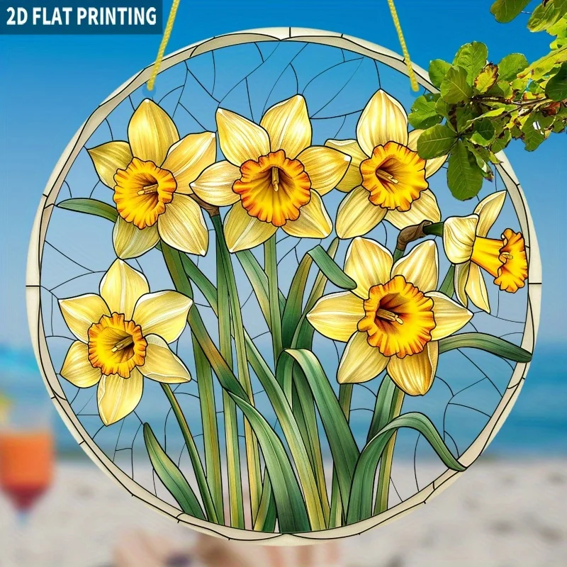 2D Flat, 2D Flat 1pc, Daffodil Bouquet Sun Catcher, 7.87x7.87 Inch Circular Acrylic Sign, Colored Glass Style Window Hanging Dec