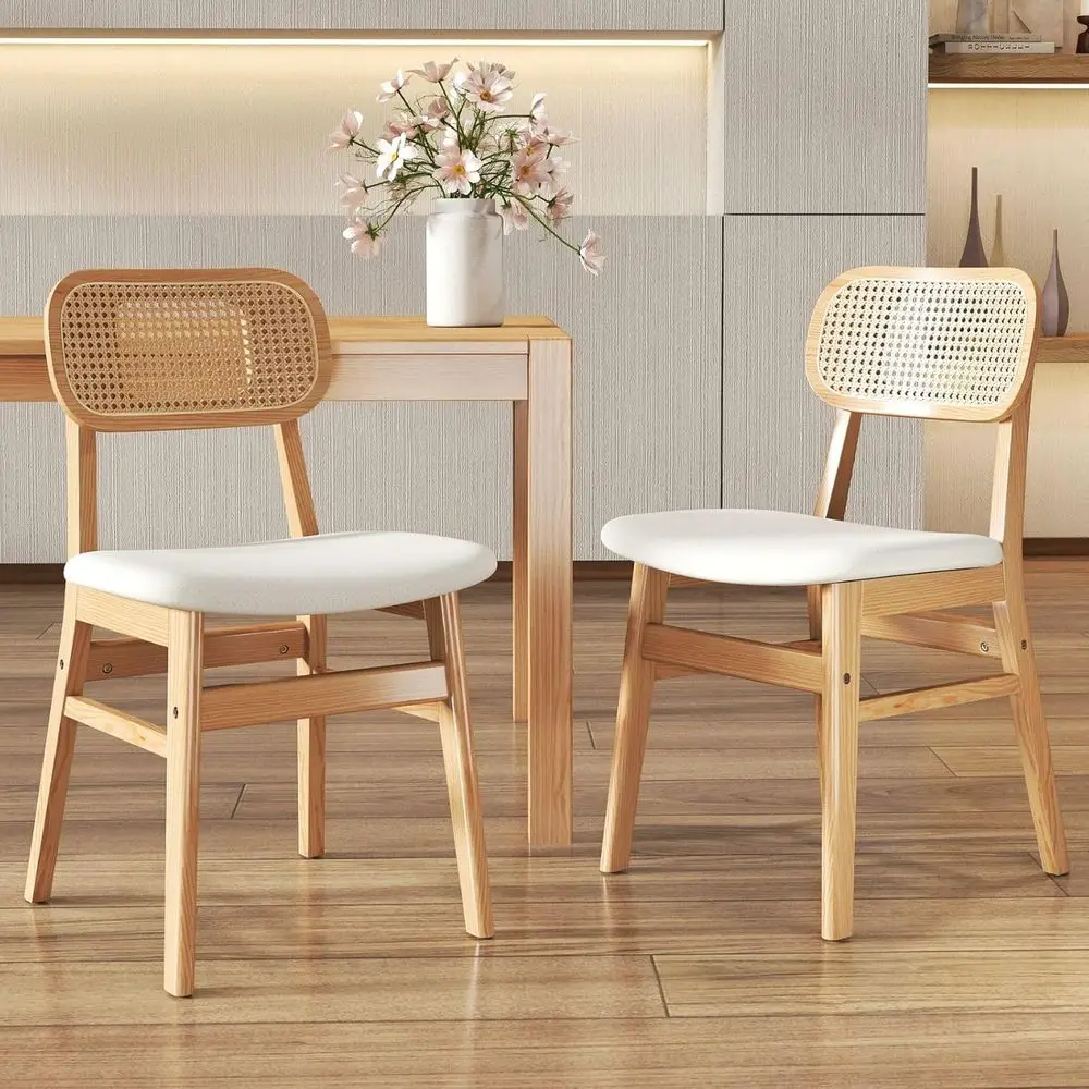 

Set of 2 White Lambswool Upholstered Dining Chairs with Natural Wooden Legs