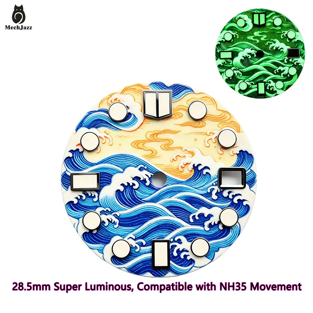 MechJazz 28.5mm Watch Dial, Super Luminous Sea‑Wave Pattern Dial, Fits NH35, NH36 Movement, Wristwatch Dial Modification Parts