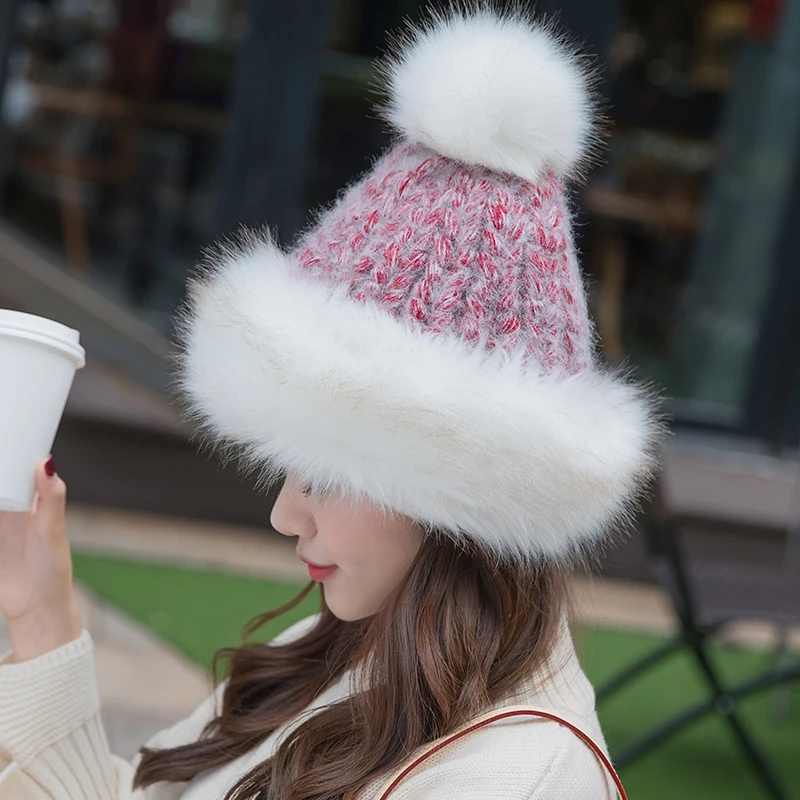 女性のためのポンポン付きの冬のキャップ,ウサギの形をしたポンポン,厚くて暖かい,ロシアのファッション