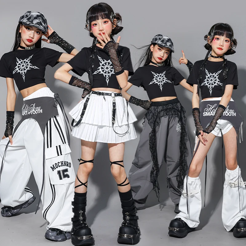 

Одежда в стиле хип-хоп для девочек, укороченный топ, белые брюки-карго, детские комплекты одежды для танцев K-pop, джаз, уличная одежда, групповой костюм для девочек