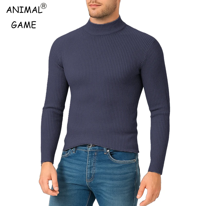 

Autumn Men's Mock Turtleneck Pullover Sweaters Long Sleeve Warm Streetwear Winter Slim Fit Stripes Basic Knitted Pullovers