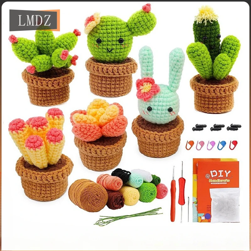 DIY Cactus Flower Display Decors Yarn Crochet Knitting Kits with Step-by-Step Instruction Plant Crochet Kits for Crochet Lovers