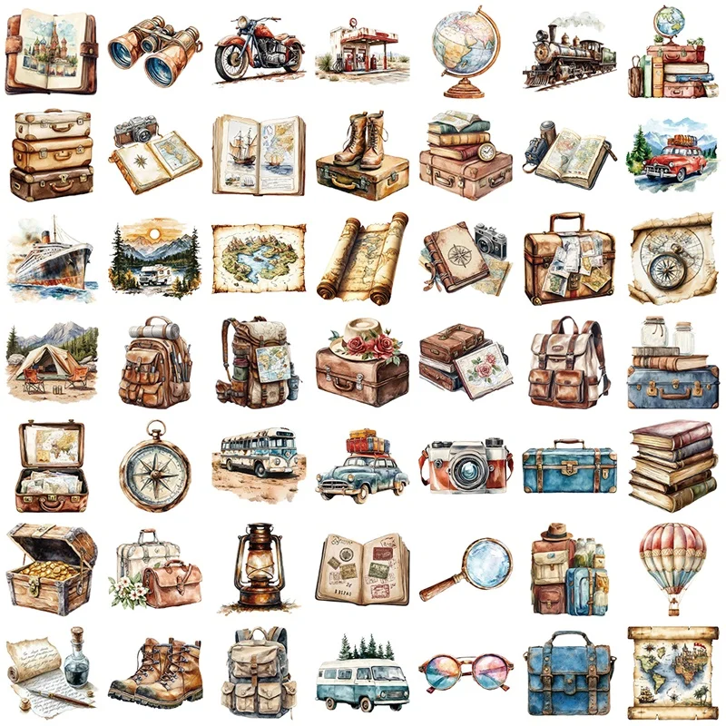50PCS Vintage Travel PET Sticker Aesthetic Hand Accounting Transparent DIY Decoration Scrapbooking Stationery Supplies