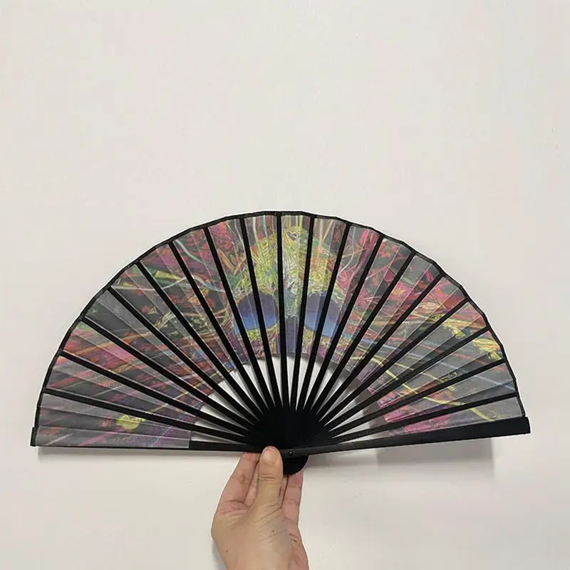 23cm Classics Folding Fan Hand Fans Rainbow Print Black Bamboo Bone Fan Cooling Handheld Fan Festival Performance Dance Fan Gift