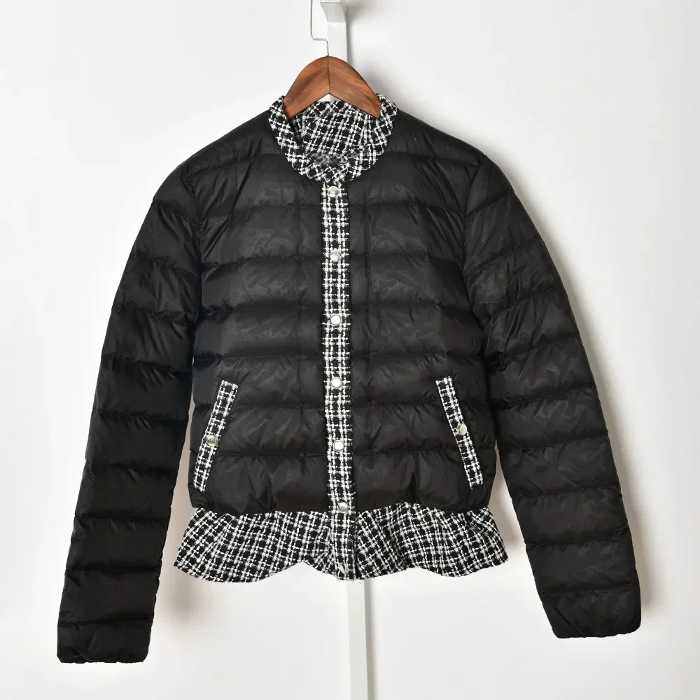 Clearance Price Women Fake Two Pieces Down Coat Houndstooth Ruffles Female Single Breasted Jacket