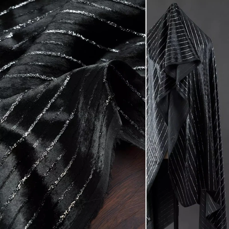 

Black Striped Silver Velvet Fabric Soft and Smooth Skin Friendly Dress Fashion Cheongsam Jacket Designer DIY Clothing Fabric