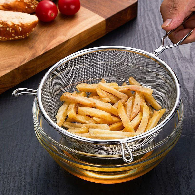 1Pc Baked Stainless Steel Flour Filter Screen Soybean Milk Filter Screen Cooking Spoon Double Ear Screen/Snack/French Fries