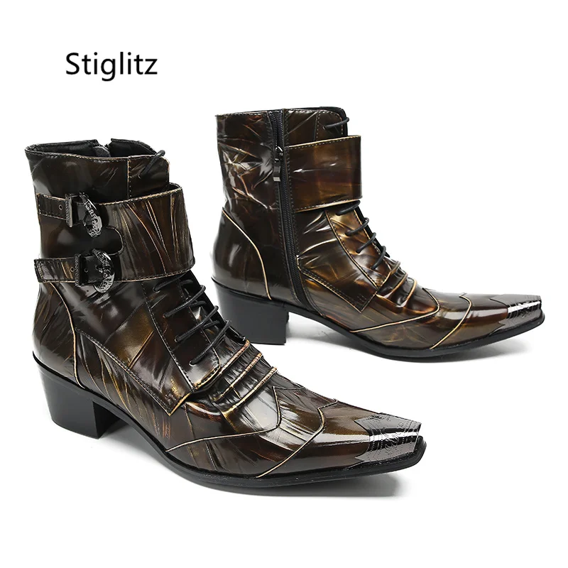 Double Buckle Patent Leather Ankle Boots for Men Metal Toe Zipper Brown Yellow Mixed Colors Short High Heel Boots Pleated Shoes