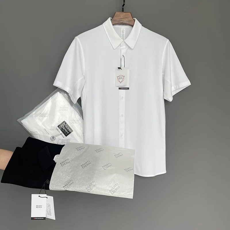 

Высококачественная, прохладная, гладкая, дышащая, легкая мужская летняя повседневная рубашка с коротким рукавом, модная, городская, приталенного кроя