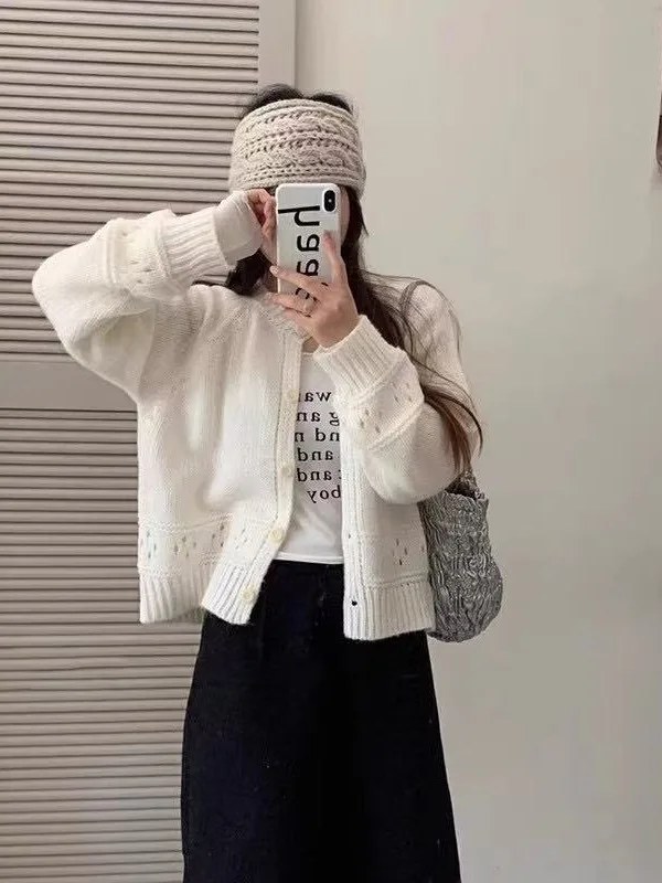 Sweet Pink Lace Hook Knit Sweater Cardigan Women's Loose Spring Autumn Soft Thin Knitted Top Coat round Ne Long Sve