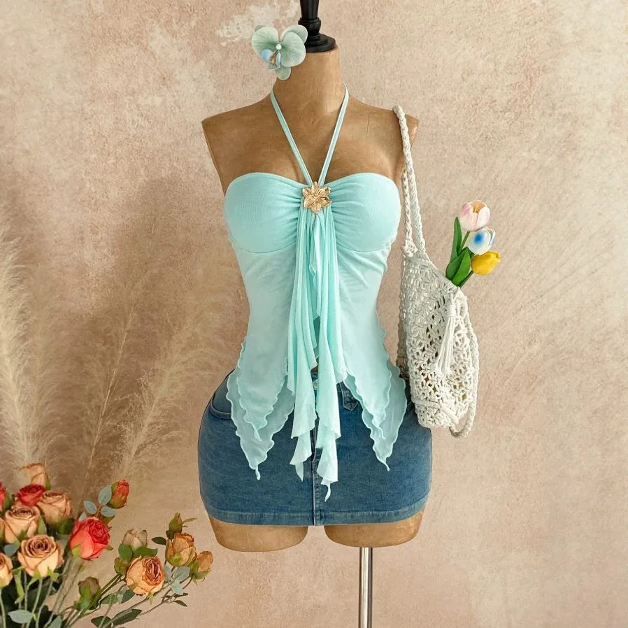2026 New Women's Irregular Hem Mesh Top Metal Decoration Hanging Neck Strap Vest Cross-Border Fashionable Casual Tube Top