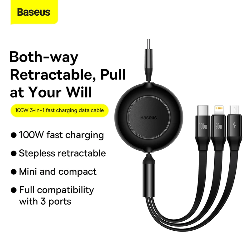 Baseus Retractable 100W 3 in 1 USB C Charge Cable For Macbook Samsung Xiaomi  Type C Cable Charging Cable for iPhone 12 13 14 15