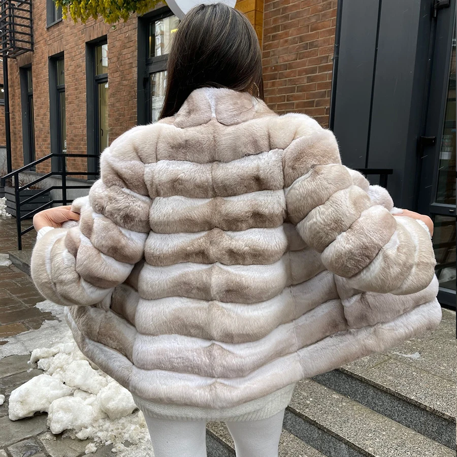 Winter Chinchilla Fur Coat Women Rex Rabbit Fur Coat Natural Fur Winter Jacket Women Short Fur Coat