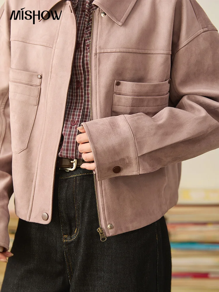 MISMHOW タロパープルレザージャケット秋 2025 コントラストスプリックスショートジャケット対称二層ポケットコート MXE44W0816