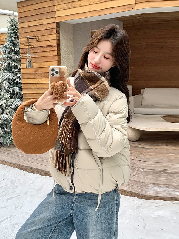 

Вязаная куртка-пуховик в стиле пэчворк с 90% белым пухом для женщин, утепленная, теплая, модная новинка 2025 года