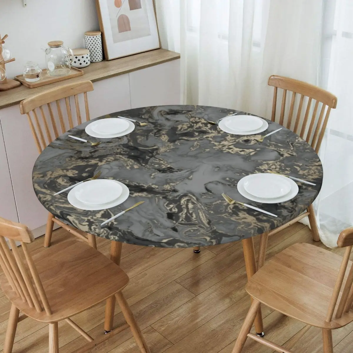 Round Waterproof Oil-Proof Black Grey Marble Tablecloth Backed Elastic Edge Table Cover Abstract Marbled Texture Table Cloth