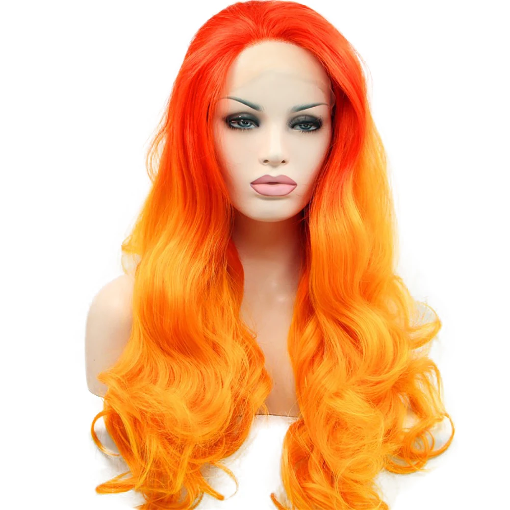 Melody Long Wavy Synthetic Lace Front Wig Ombre Orange, Copper, Blonde White Colorful Lace Wig for Women Halloween Cosplay Wigs