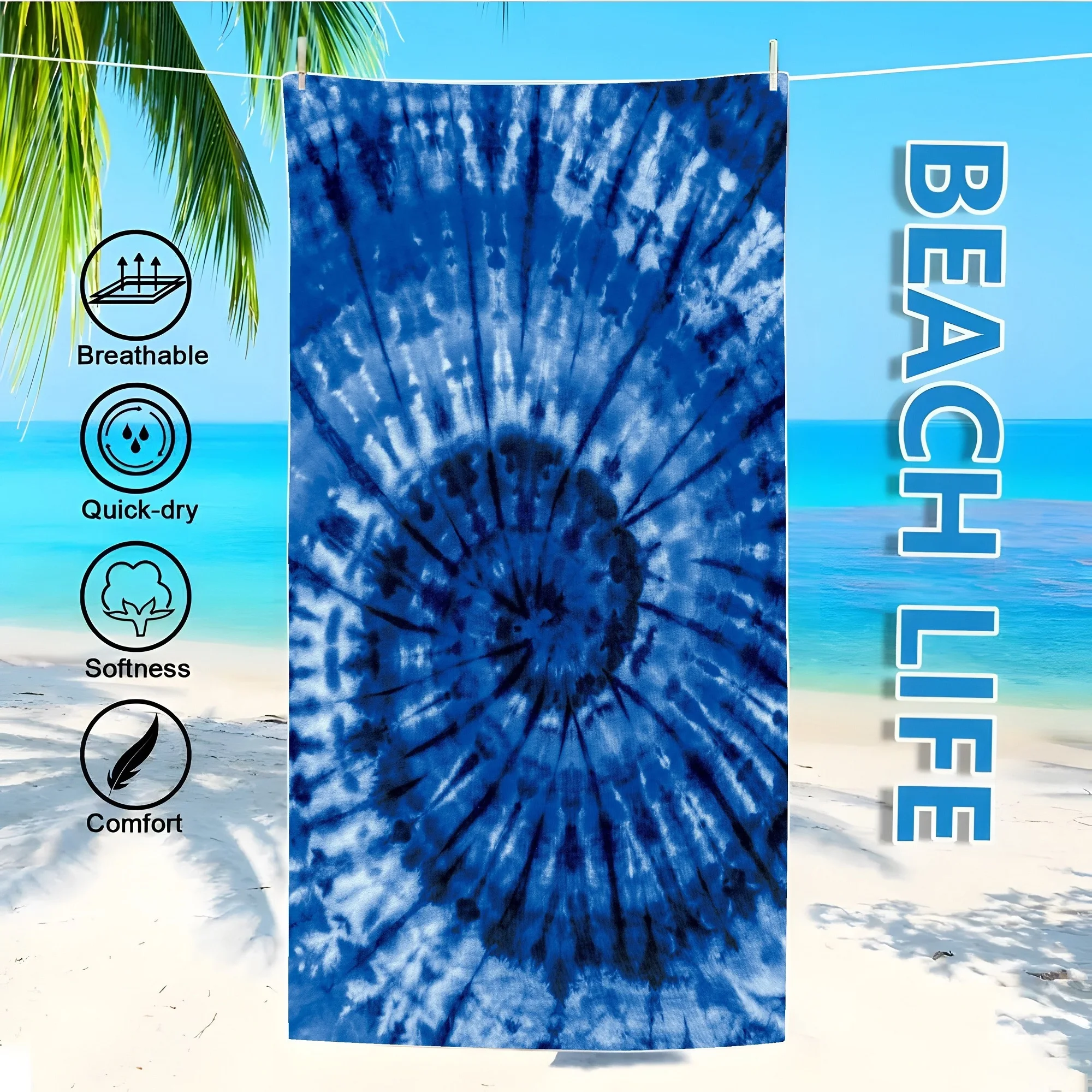 

Blue Tie-Dye Beach Towel: Breathable, Quick-dry, Soft, and Comfortable for Beach Life Suitable for towels, bath towels