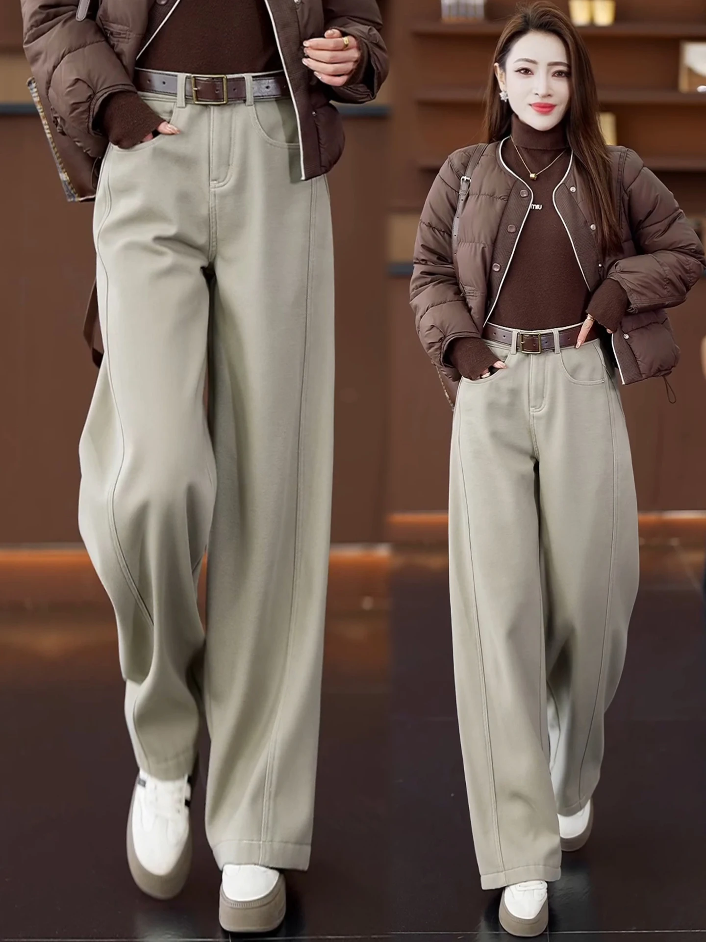 

Женские утепленные флисом широкие джинсы с высокой талией, свободные повседневные брюки прямого кроя, осенне-зимняя новинка, популярная горячая распродажа