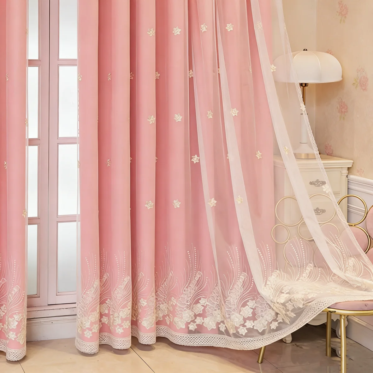 

Розовая штора с белой вышивкой и кружевом, двухслойная, для спальни и гостиной, романтический цветочный декор, ламбрекен