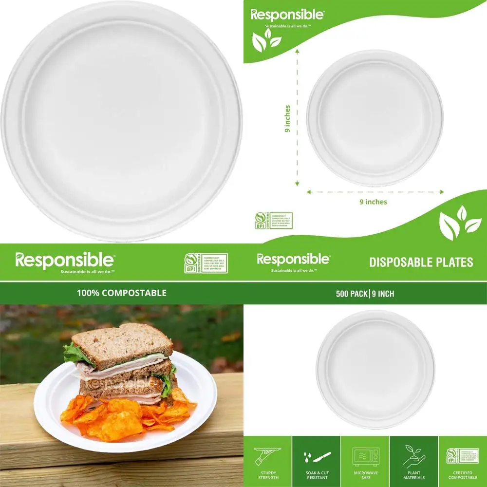

9 компостируемых круглых тарелок, без деревьев, без PFAS, белые, 500 шт.