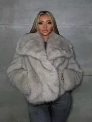 HH Women Fashion Faux Fur Jacket Vintage Turn-Down Collar Long Sleeve Coat Autumn Winter Woman Elegant Streetwear