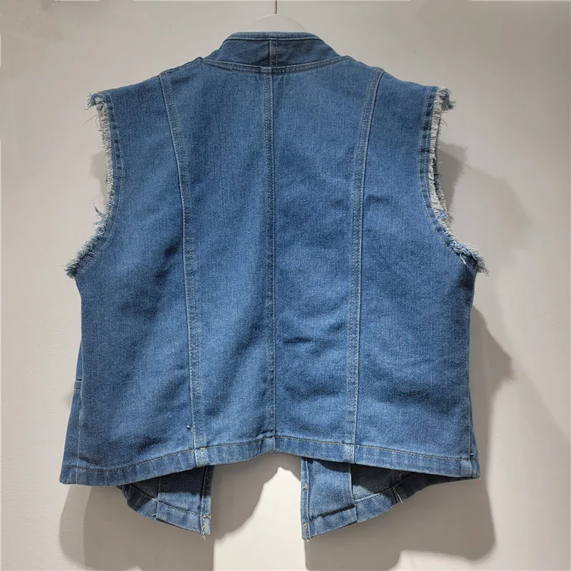 2026 Summer Heavy Punk Denim Vest Women Sleeveless Motorcycle Short Outerwear V Neck Slim Fit Fashion Waistcoat