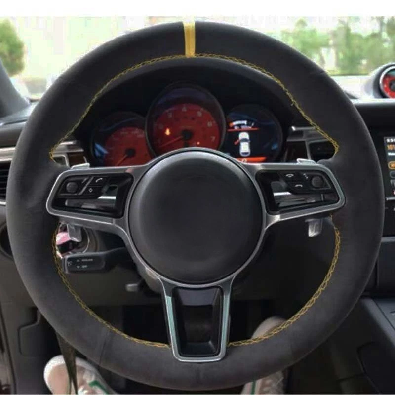 Pokrowiec na kierownicę samochodową ręcznie szyty miękki czarny zamsz z prawdziwej skóry do Porsche Macan Cayenne 2015-2016