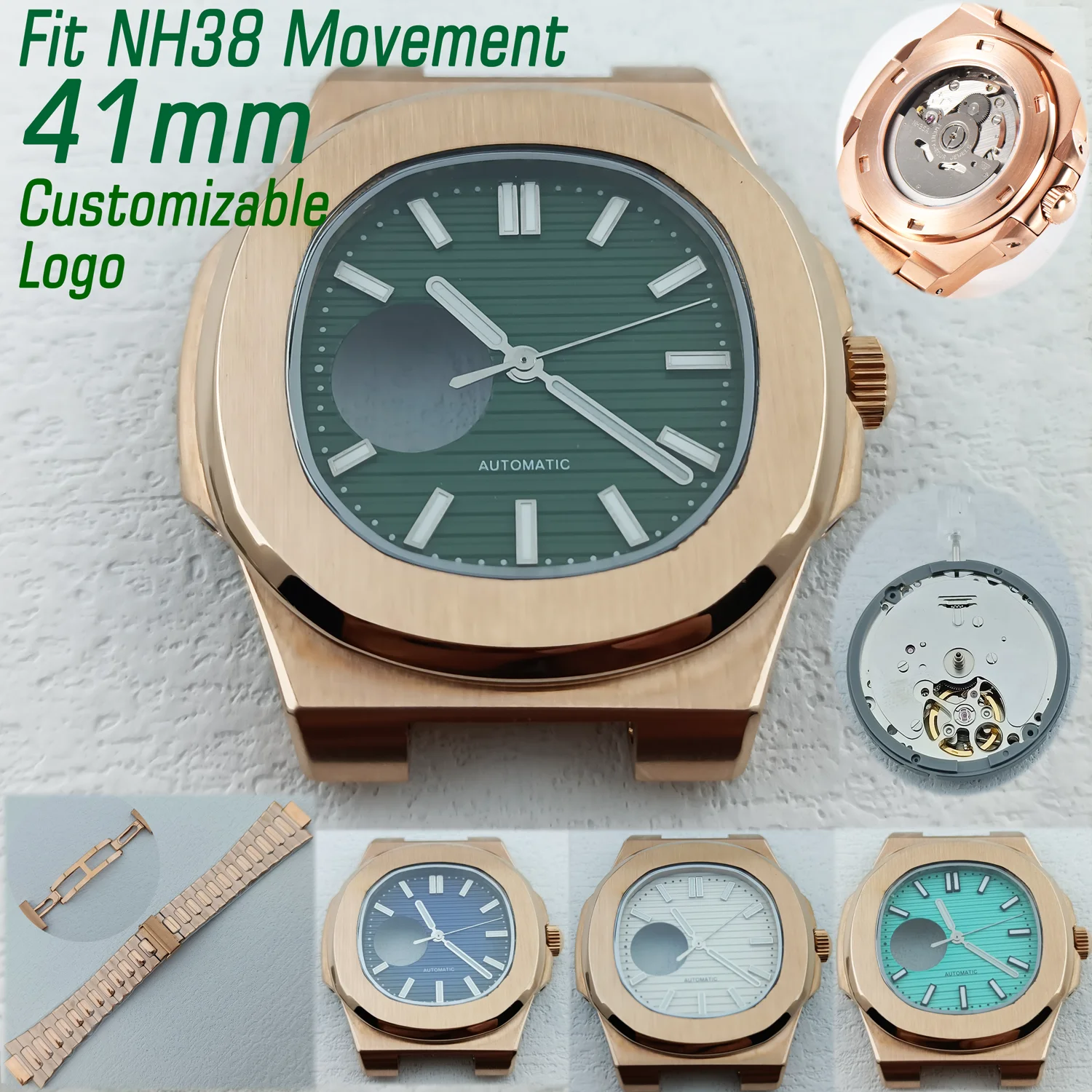 

41mm NH38 Rose Gold Case Stainless Steel Case Customizable Logo NH38 Dial Fit NH38 Movement Diving Watch Parts Watch Accessories