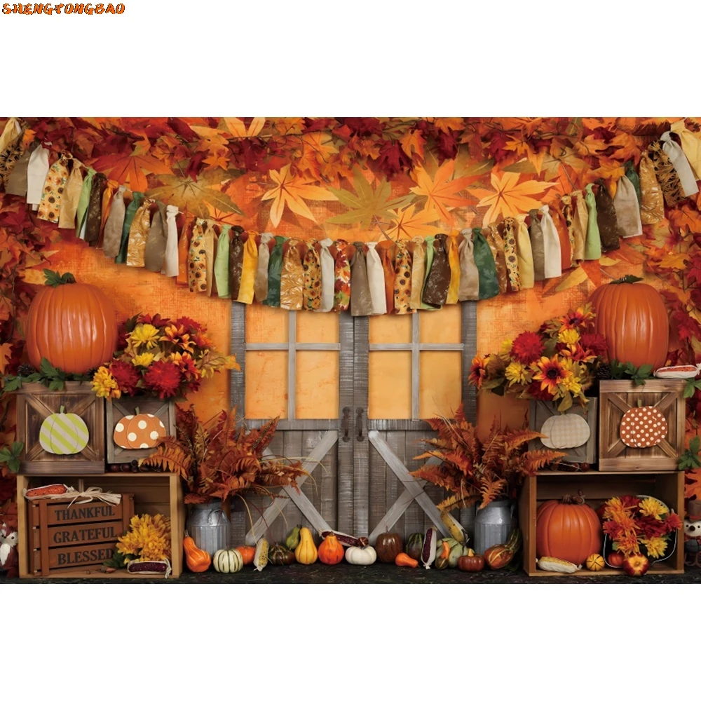 Autumn Forest Scene Backdrop Fall Farm Barn Window Pumpkin Haystack Harvest Thanksgiving Baby Portrait Photography Background