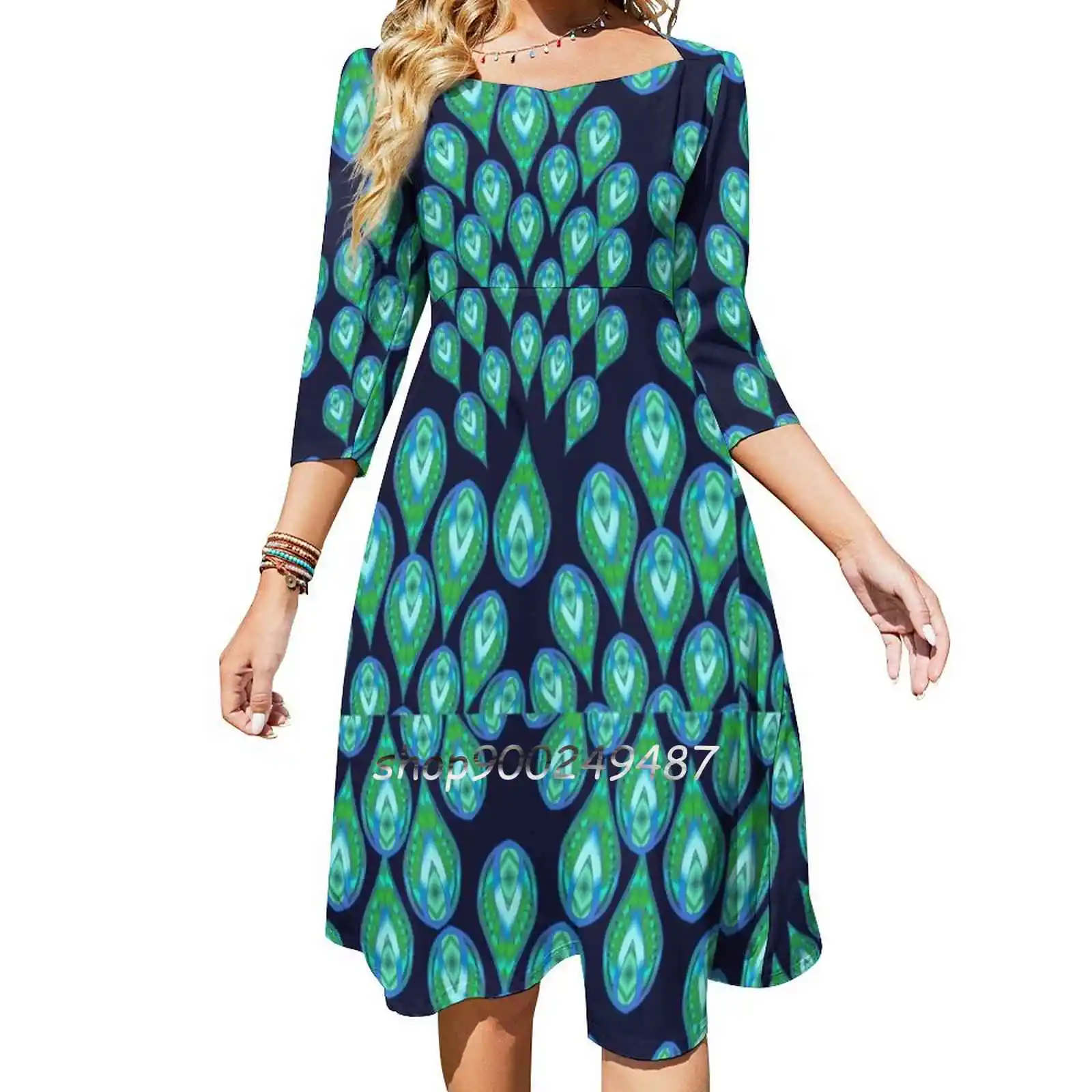 Navy Peacock 111 All Over Print Evening Party Dresses Midi Sexy Dress Female Sweet One Piece Dress Korean Abstract Navy Green