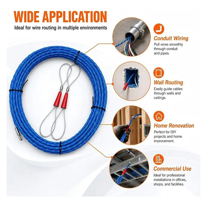 JHD Fish Tape Cable Puller Kit Duct Rodder Flexible Wire Puller With Swivel Head Wall Conduit Ceiling Electrical Wiring Work