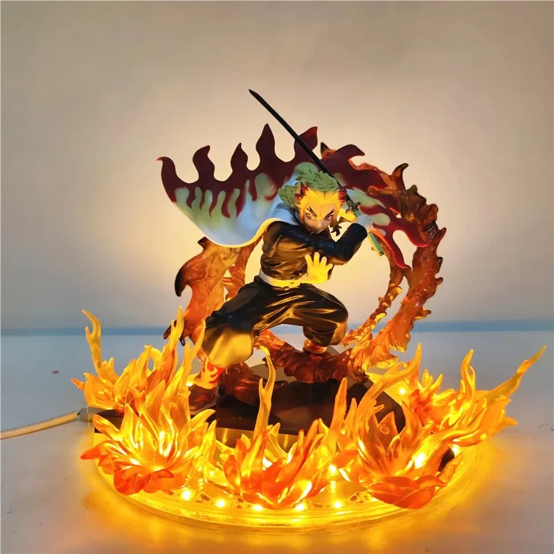 Demon Slayer Rengoku Kyoujurou Anime Figures Fire Led Scene DIY PVC Action Figure Toys Kimetsu no Yaiba Figurine  Doll 14cm