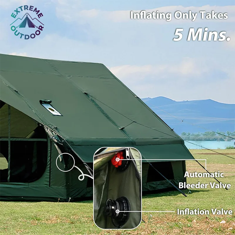 Inflatable Camping Tent Manual Pump Waterproof Outdoor 2-8 Persons Oxford 4-Season Luxury Army Green Double-layer Extreme