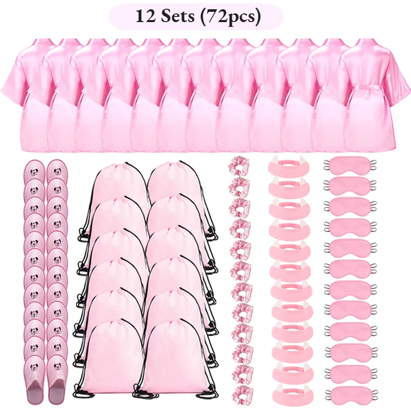 72/6 stuks satijnen badjassen voor kinderen, spa-party voor meisjes, DIY slaapjas kimono, slaapfeestje cadeautjes met cadeauzakjes en slippers voor verjaardagen - afbeelding 1
