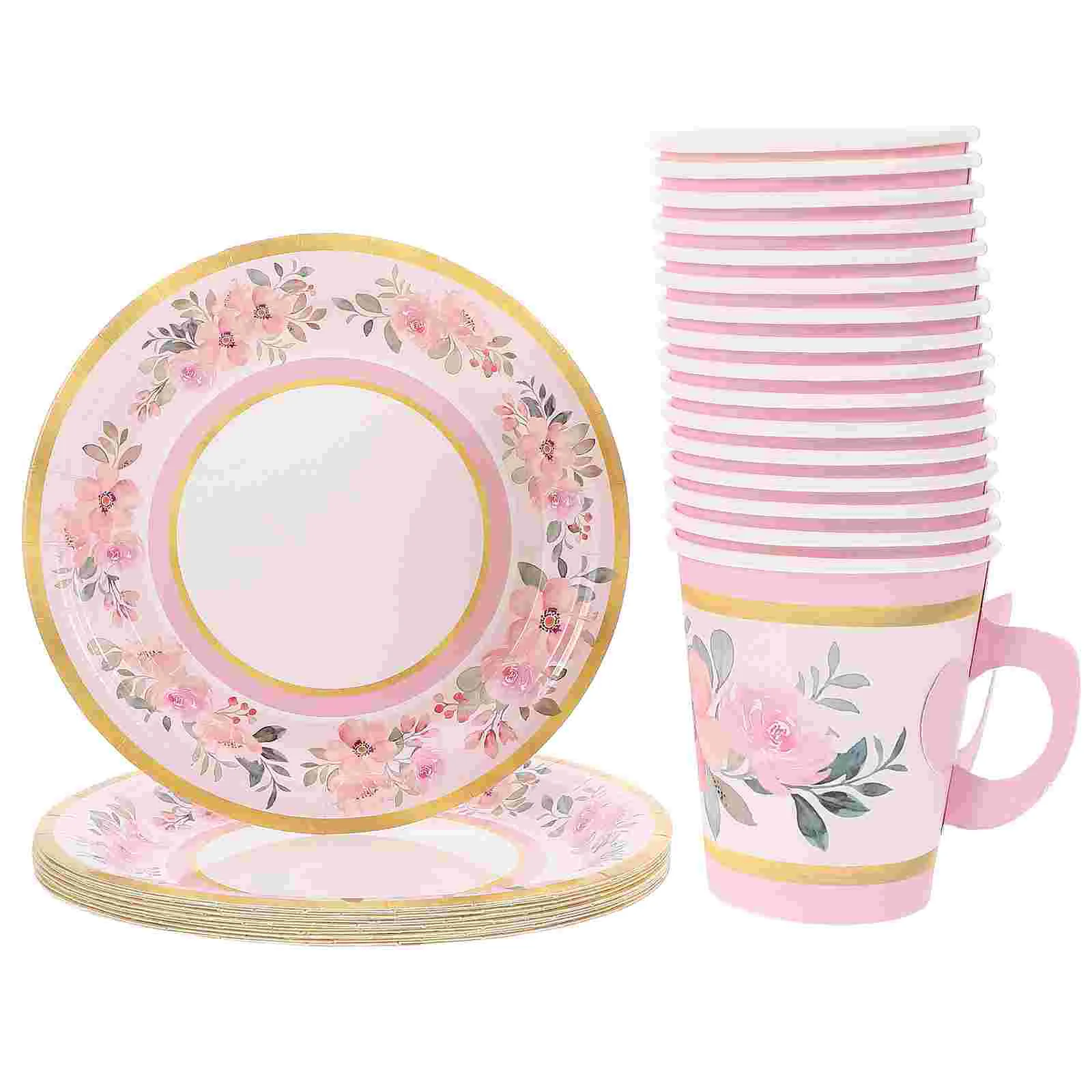 

Paper Cups Plates Printing Tableware Flower Pattern Party Printed Tea Dinnerware