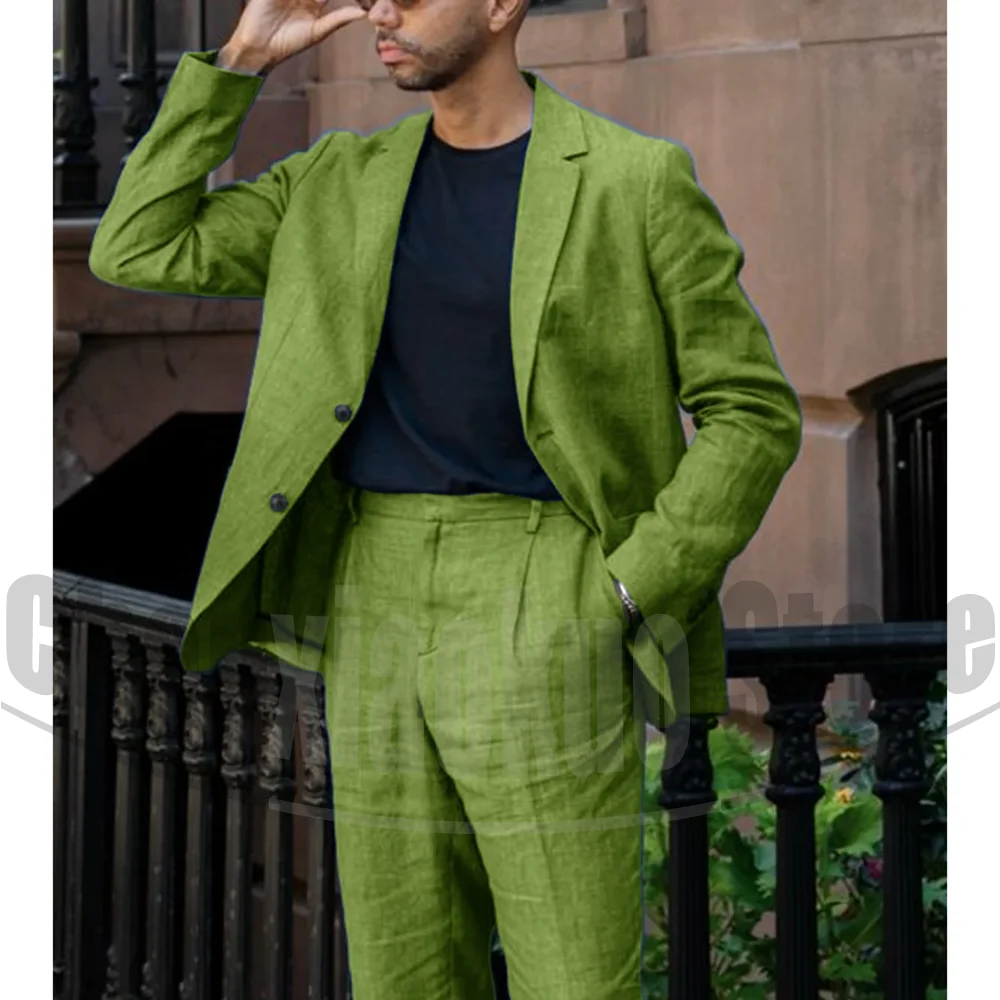 

Summer Linen Men Suits High Quality Slim Groom Tuxedos Chic Notch Lapel Single Breasted 2 Pieces Men Suits (Jacket+Pants)