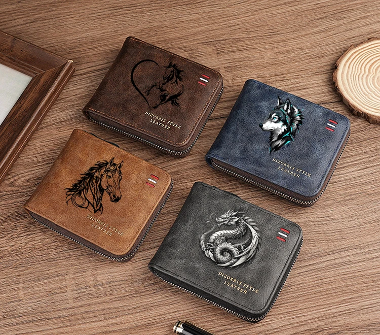 Dragon Horse Wolf Short Men Zipper Wallets Slim Classic Coin Pocket Holder Male Wallet Card Holder Frosted Leather Boys Purses
