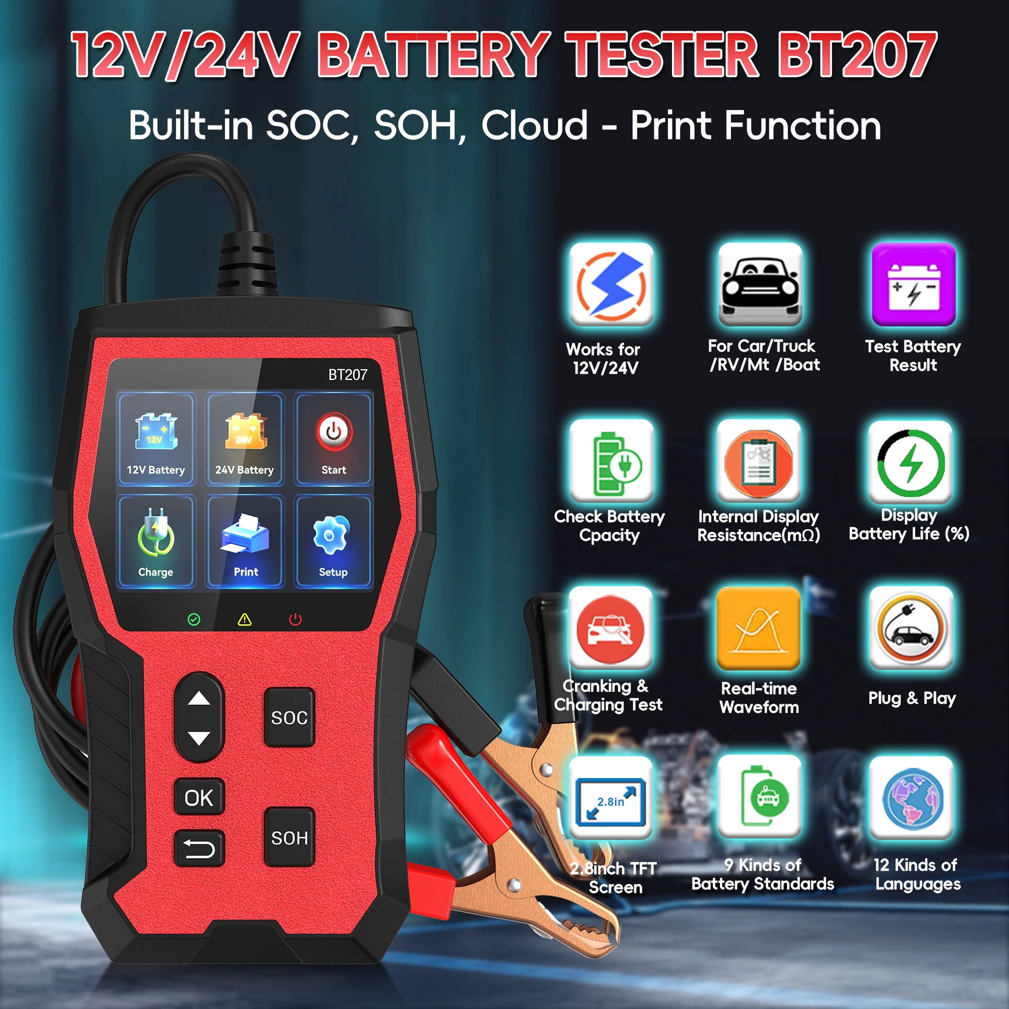 Car Battery Tester 12V/24V — 100-2000 CCA, Alternator & Charging System Analyzer, Compatible with FLA/AGM/Gel/EFB, for Cars, Trucks, RVs & Marine Vehicles