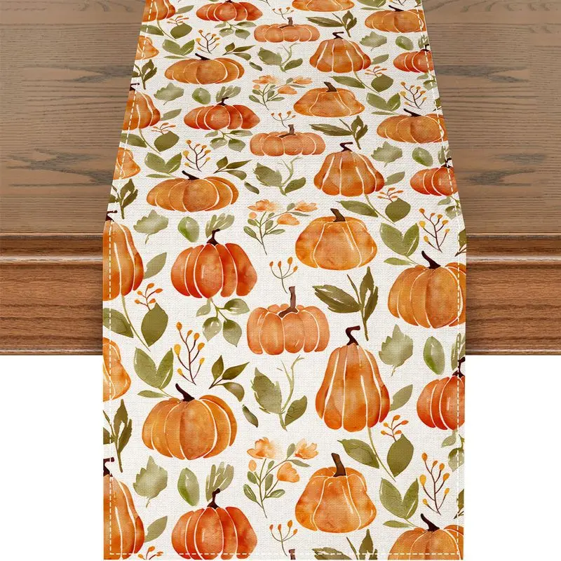 VIKAMA Watercolor Pumpkin Table Runner Fall Autumn Leaf Floral Print Tablecloth Thanksgiving Harvest Home Dining Table Decor