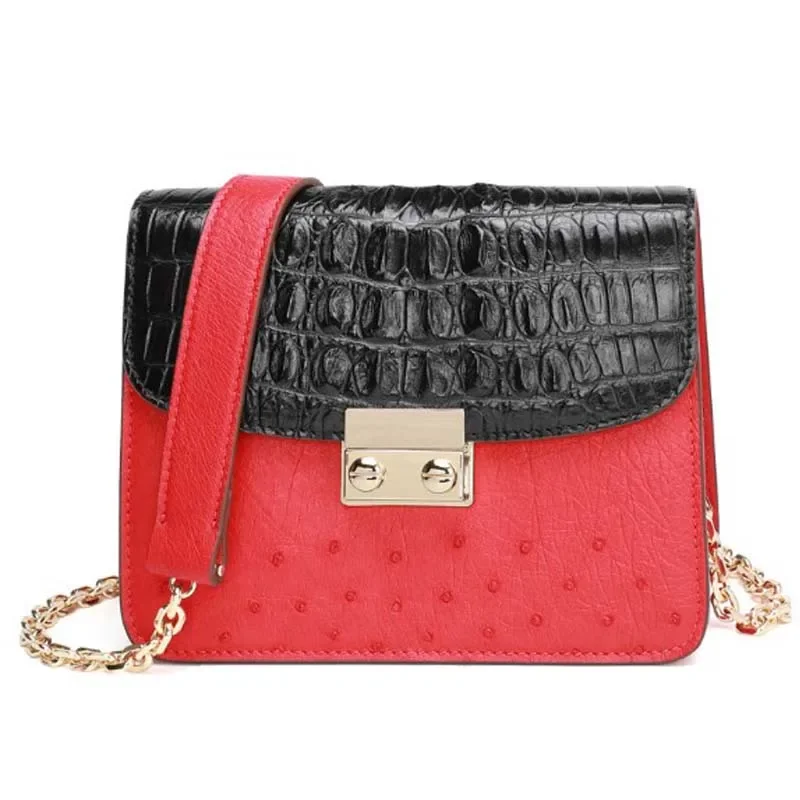 dae New crocodile skin and Sostrich skin  Female bag  Small square bag with one shoulder  Cross women  chain bag