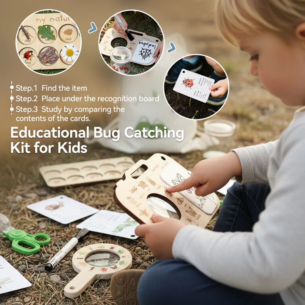 Montessori Toys Baby Outdoor Exploration Toy Set Wooden Recording Board Magnifying Glass Plant & Insect Identification Cards Kid