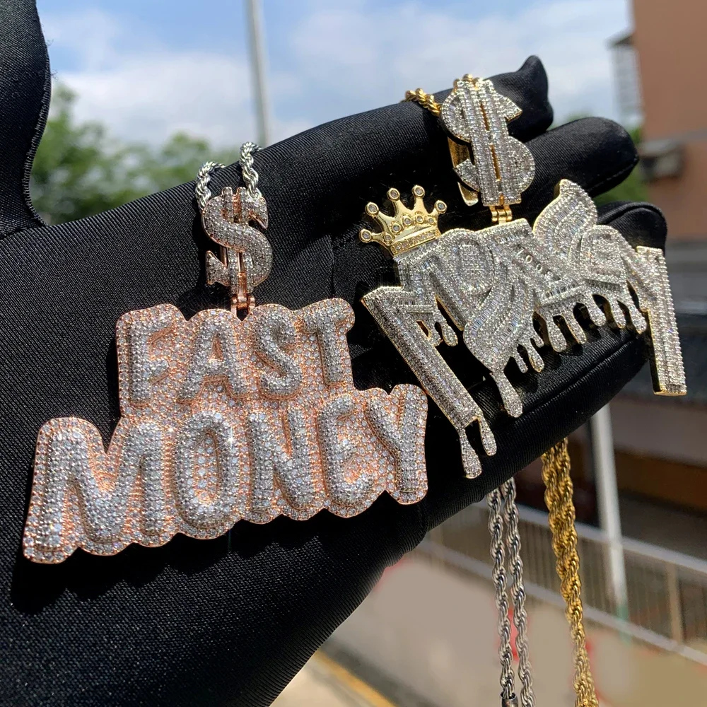 Bling 5A Cubic Zirconia CZ Dollar Symbol Fast Money Pendants Necklaces for Men Two Tone Color Iced Out Letter Jewelry Hip Hop
