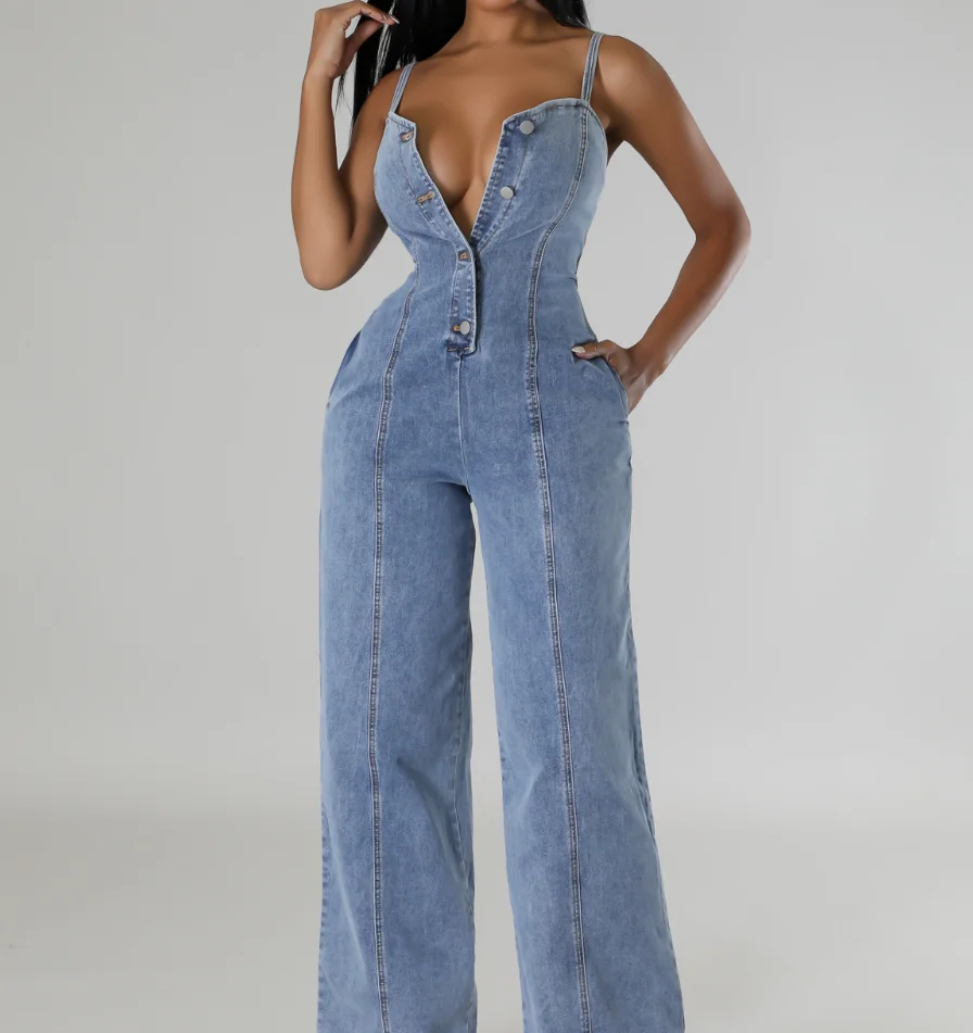 Combinaison en jean à bretelles pour femmes, mode décontractée et Sexy, pantalon à jambes larges