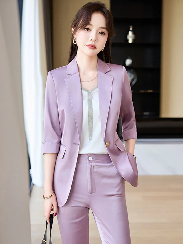 Stain Women Suits Office Sets Office Lady Classic Long Sleeve Formal Blazers + High Waisted Slim Pant Suits