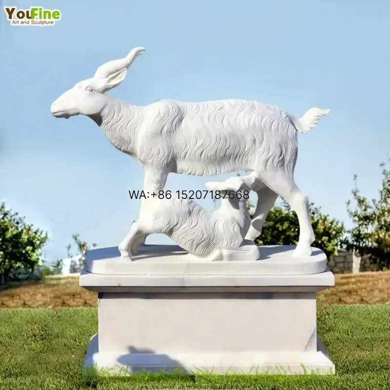 Wmwmnu Hand Carved Natural Marble Goat Statue Realistic White Stone Animal Sculpture for Garden Landscape Decor Custom
