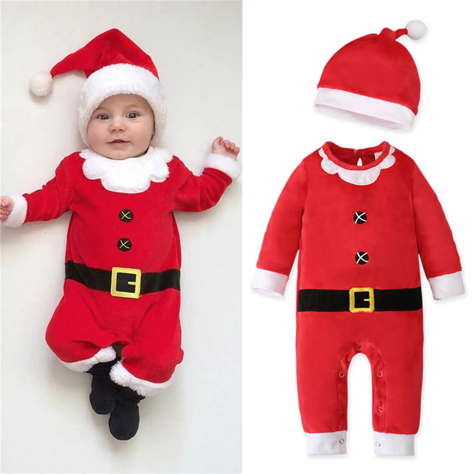 

Baby Xmas Christmas Outfits Boys Girls Red Santa Claus Jumpsuit Fleece Romper Hat 2pcs Set Kids My First Christmas Baby Costume