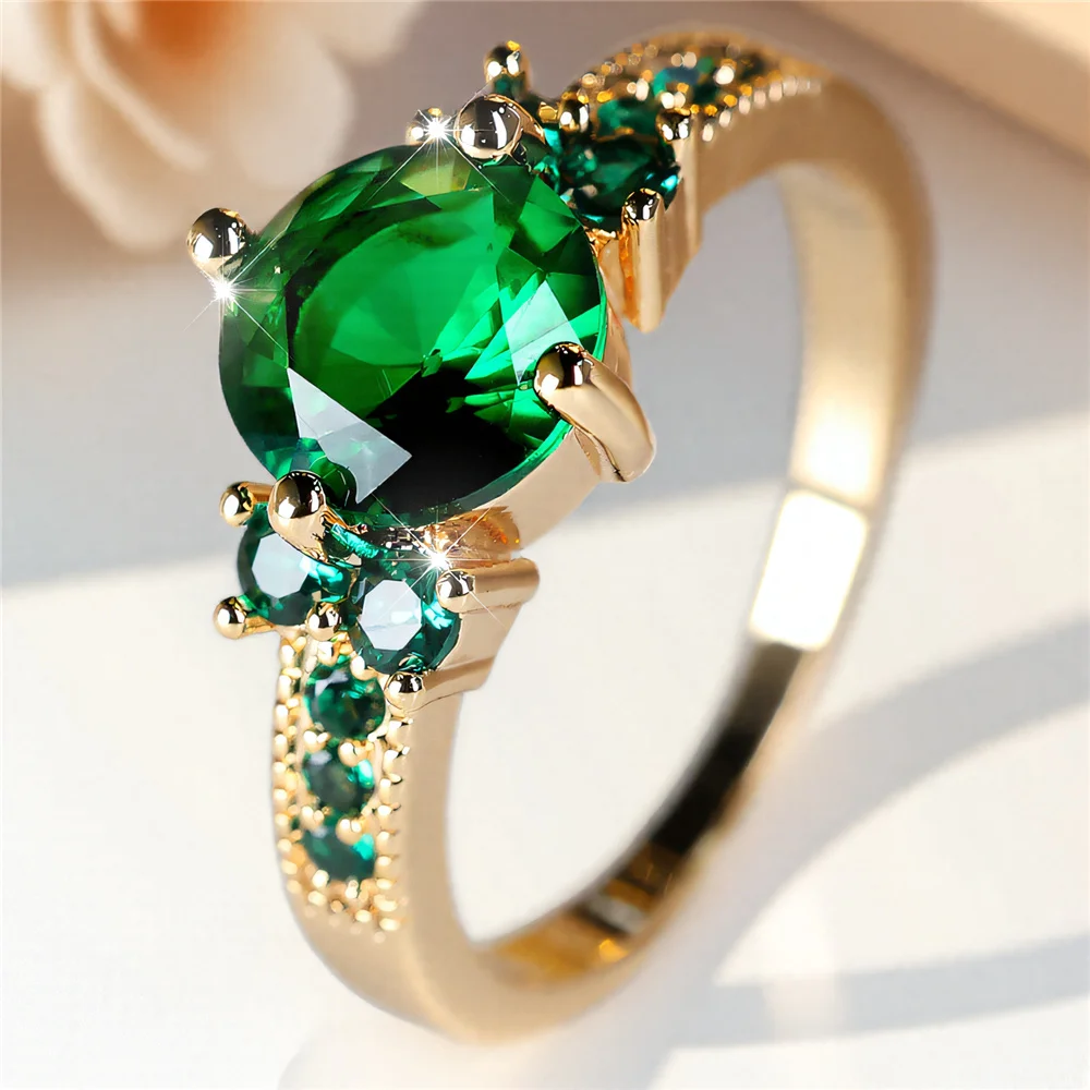 Cute Female Green Zircon Stone Ring Gold Color Wedding Jewelry Promise Engagement Rings For Women